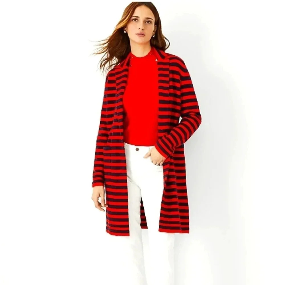 Ann Taylor Navy and Red Striped Cardigan